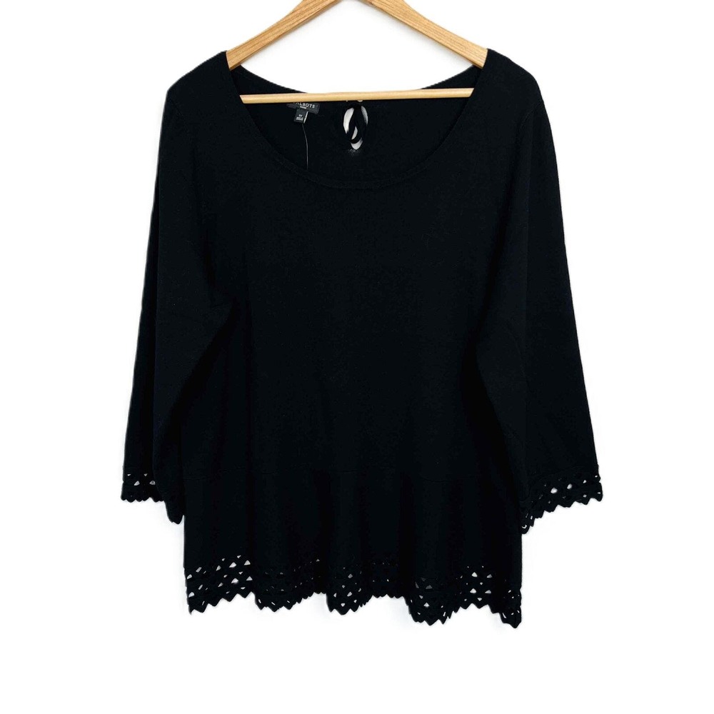 Talbots Size 1X Sweater Black Tunic Embroidered Lace Scalloped Hem‎ Soft NWT